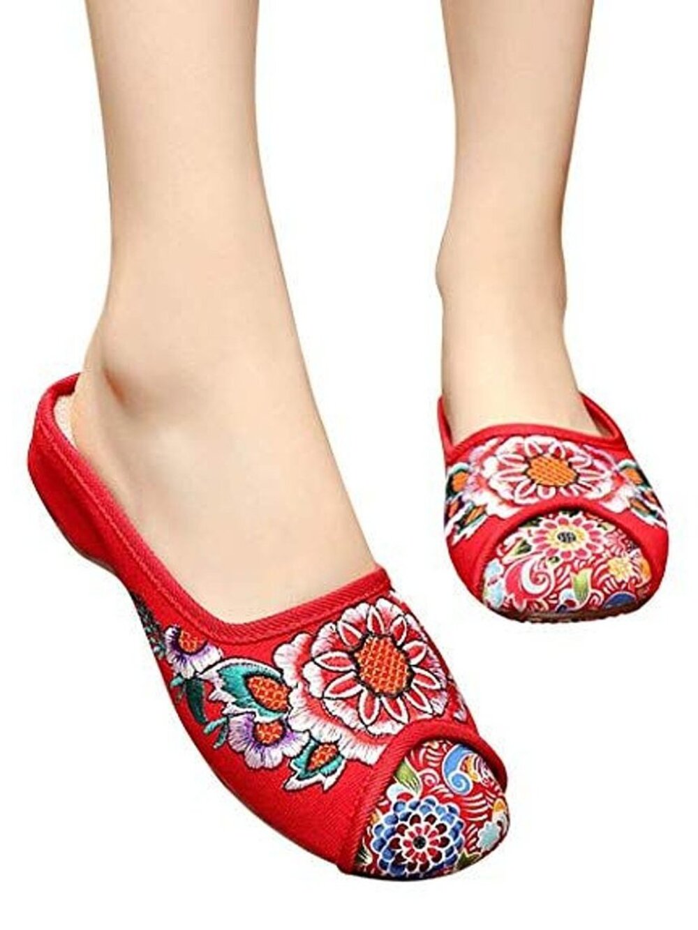 Chinese Inspired Backless Floral Embroidered Slip-On Mule Flats Canvas Shoes